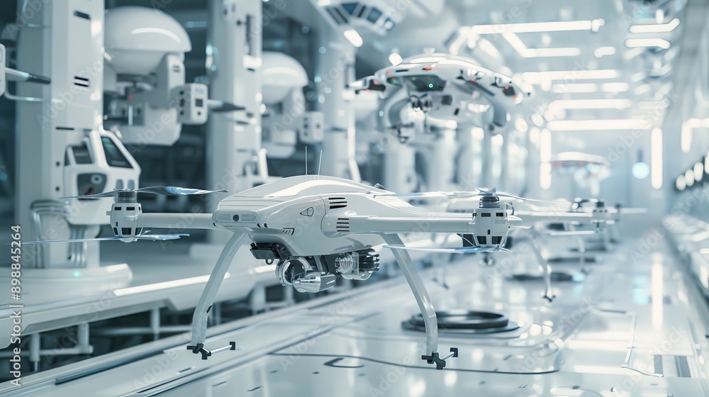 Futuristic drone assembly, minimalist with white and metallic tones, realistic texture