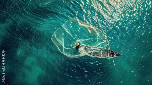 Aerial view fisherman catching fish using net at the ocean