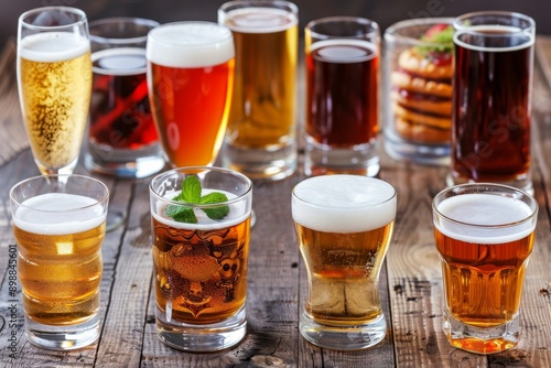 Variety of beer glasses with different brews on a wooden table outdoors showcasing diversity in craft beer