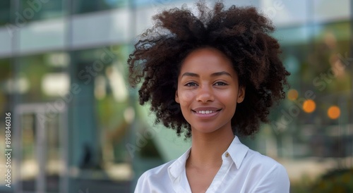 Smiling Woman With Curly Hair Wearing Glasses in an Urban Setting