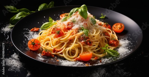 Simple Spaghetti With Cherry Tomatoes and Basil on Black Plate