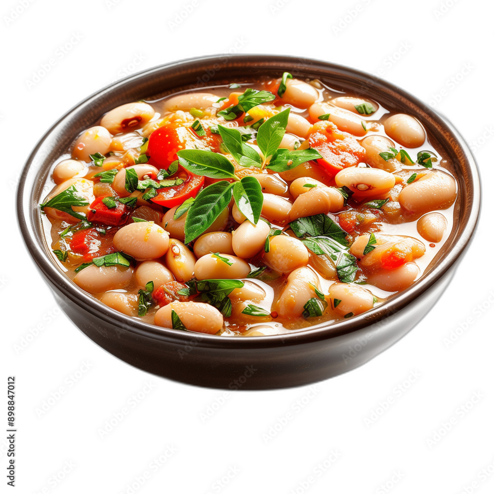 Hearty White Bean Stew in Plate on White Background, Low Side View Hearty White Bean Stew in Plate on White Background, Low Side View