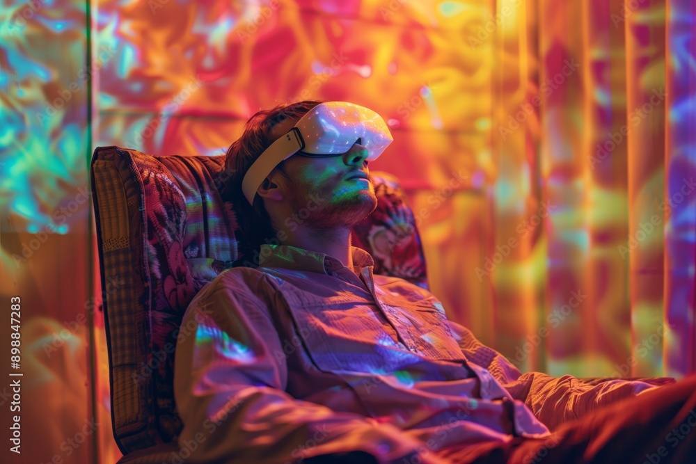 Fototapeta premium A man relaxing in an armchair having a psychedelic experience to treat mental health issues - AI Generated