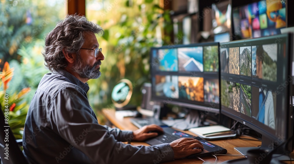 Focused man with gray hair editing images on multiple monitors in a lush workspace, showcasing a blend of technology and nature. Focused man with gray hair editing images on multiple monitors in a lush workspace, showcasing a blend of technology and nature.
