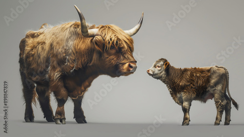 A cute adult and highland cow is standing with an isolated gray background 