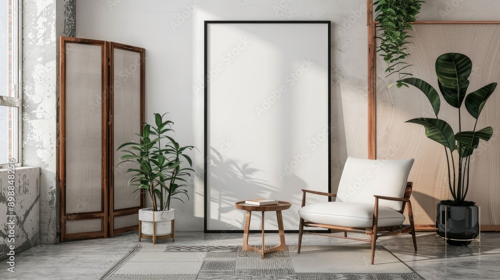 Fototapeta premium Modern style living room interior design with mock up poster frame armchair folding screen coffee table commode and personal accessories Template for creativity
