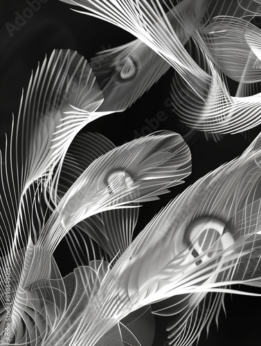 Papier peint ou fond noir avec motif en relief blanc rappelant une ocelle (rond sur les ailes des papillons) ou les plumes du paon, motif créatif pour créations graphique