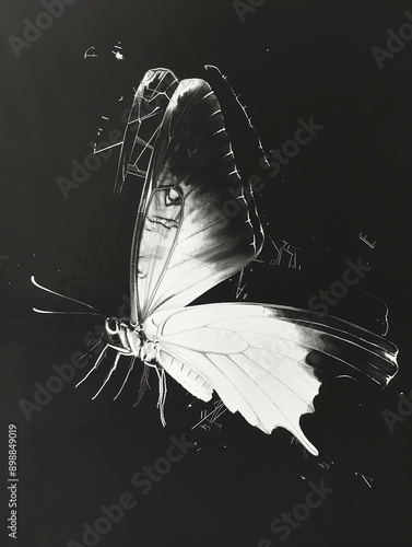 Illustration réaliste en noir et blanc d'un papillon, détail sur les antennes, les ailes, les ocelles, type paon du jour (espèce commune en Europe) photo