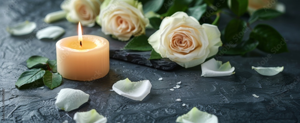 White Rose Petals and a Lit Candle on a Dark Slate Surface White Rose Petals and a Lit Candle on a Dark Slate Surface