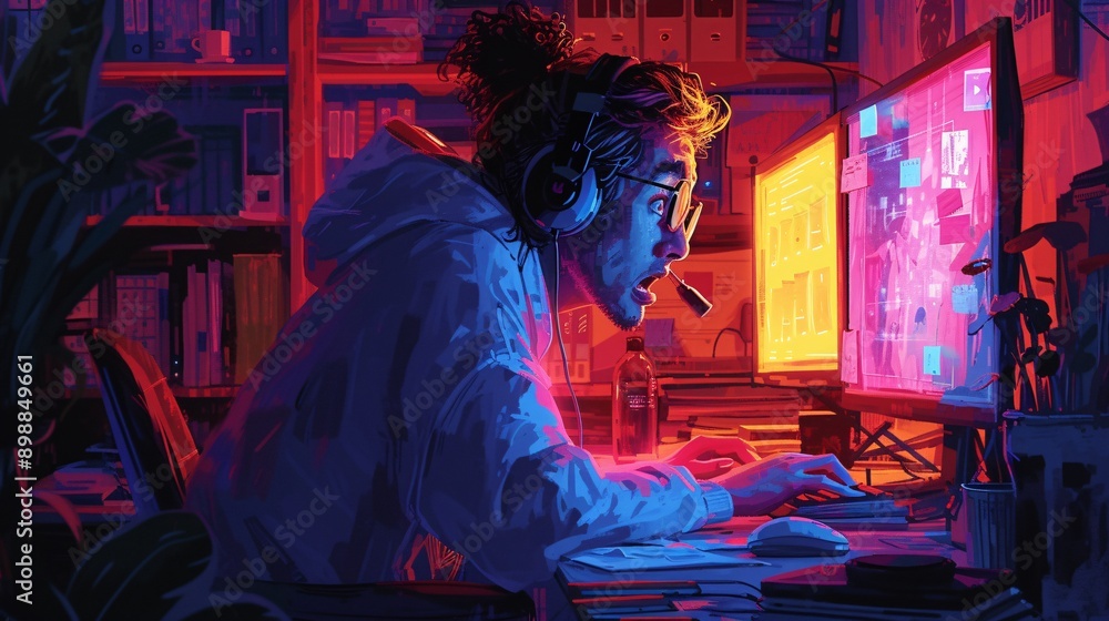 A young individual immersed in gaming, surrounded by vibrant lights, showcasing modern gaming culture and technology in a cozy setup. A young individual immersed in gaming, surrounded by vibrant lights, showcasing modern gaming culture and technology in a cozy setup.