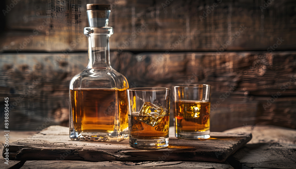 Scotch Whiskey without ice in glasses and bottle, rustic wood background Scotch Whiskey without ice in glasses and bottle, rustic wood background