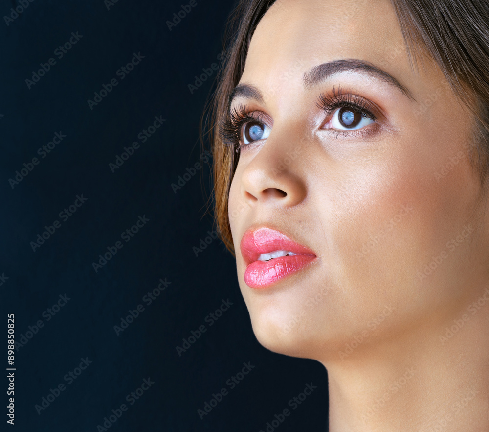 Serious, thinking and woman with makeup in studio for beauty shine, self care and results. Lipstick, feminine and female person with idea on black background for cosmetics, treatment and glowing skin Serious, thinking and woman with makeup in studio for beauty shine, self care and results. Lipstick, feminine and female person with idea on black background for cosmetics, treatment and glowing skin