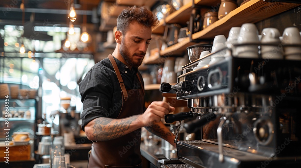 Focused young barista prepares espresso in a trendy coffee shop, showcasing the artistry of coffee-making in an inviting atmosphere. Focused young barista prepares espresso in a trendy coffee shop, showcasing the artistry of coffee-making in an inviting atmosphere.