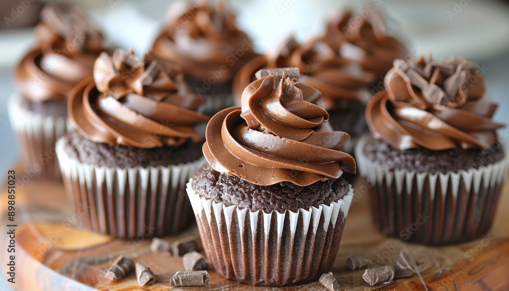A variety of delicious chocolate cupcakes topped with chocolate frosting displayed on a wooden tray A variety of delicious chocolate cupcakes topped with chocolate frosting displayed on a wooden tray