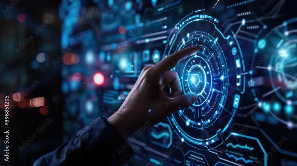 Hand touching a digital interface with a glowing circular pattern Hand touching a digital interface with a glowing circular pattern