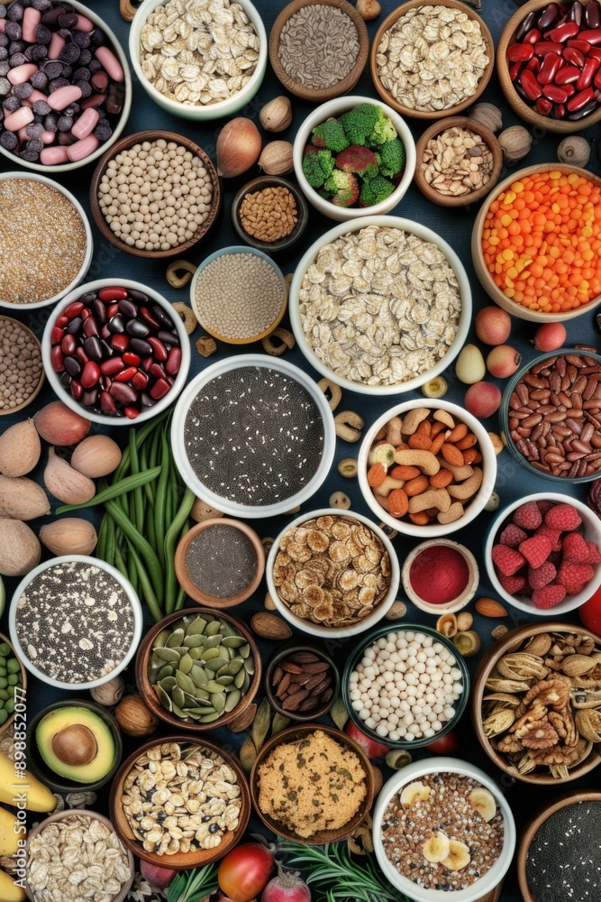 Variety of healthy food items in bowls. Variety of healthy food items in bowls.