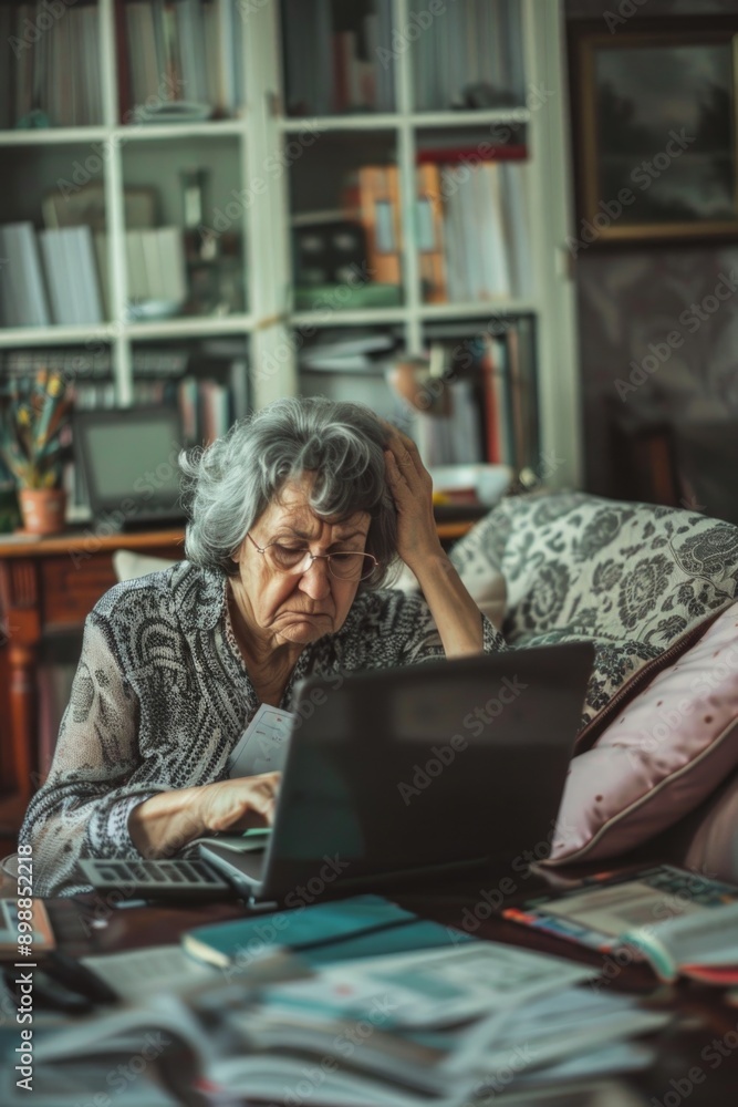 Elderly lady with gray hair using a computer at home. Elderly lady with gray hair using a computer at home.