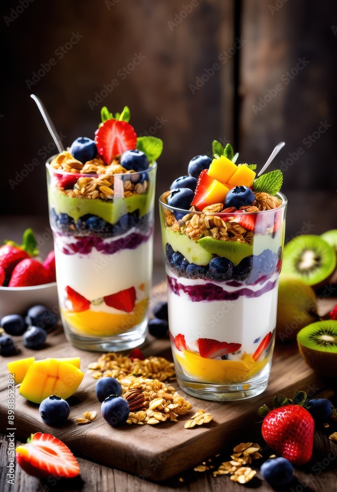 vibrant artisan yogurt parfaits layered colorful glasses showcasing fresh creamy yogurt delightful breakfast experience, fruits, granola, dessert, healthy