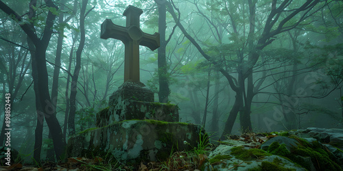 Cruz de pedra antiga em uma floresta enevoada photo