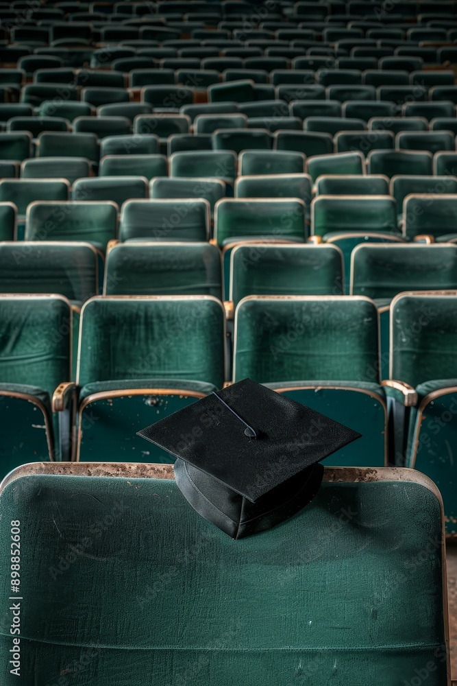 Obraz premium Graduation cap on a seat in an empty auditorium Concept education achievement digital art