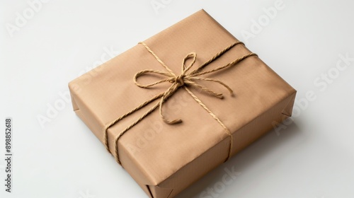 A neatly wrapped package tied with twine on a plain surface