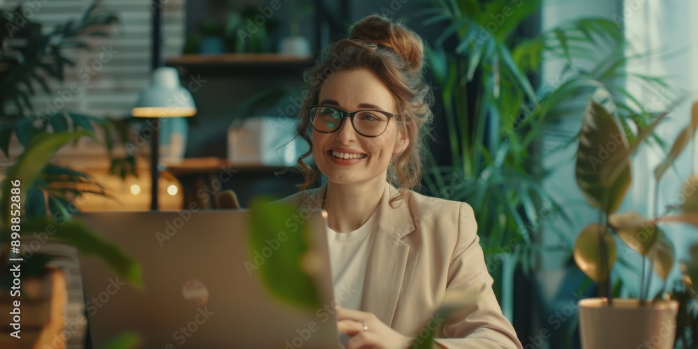 Woman working in a modern, well-lit office environment surrounded by potted plants. Woman working in a modern, well-lit office environment surrounded by potted plants.