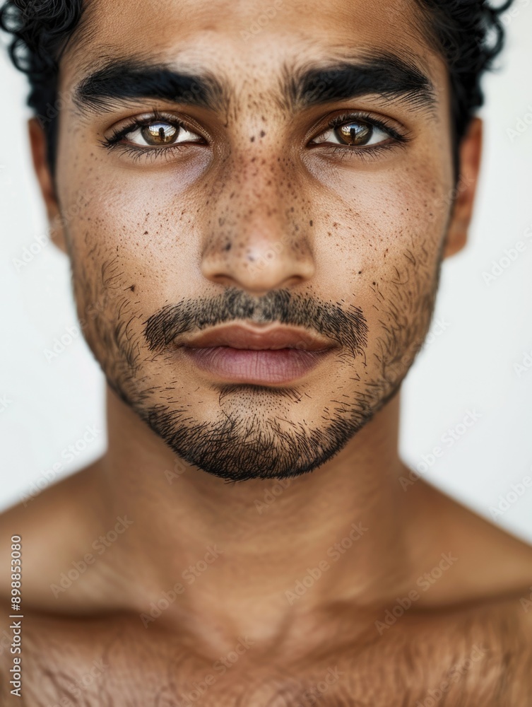 Fototapeta premium A man with a beard and brown hair has a brownish-yellowish eye color