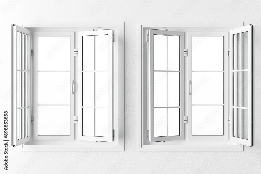 Two white windows with white frames and white curtains. The windows are open, letting in light and air. The scene is simple and clean, with a sense of openness and freshness Two white windows with white frames and white curtains. The windows are open, letting in light and air. The scene is simple and clean, with a sense of openness and freshness
