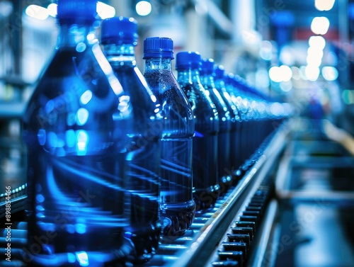 Bottles of water are being made on a conveyor belt. The bottles are blue and have a blue cap