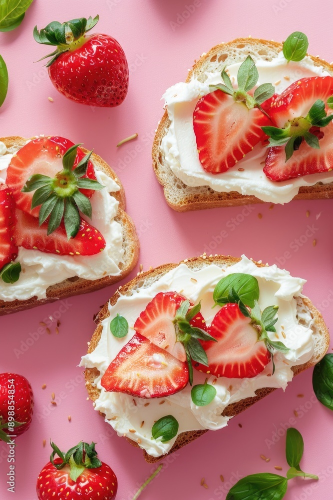 Three slices of bread with strawberries and cream on top. The bread is toasted and the strawberries are arranged in a heart shape. Concept of freshness and indulgence Three slices of bread with strawberries and cream on top. The bread is toasted and the strawberries are arranged in a heart shape. Concept of freshness and indulgence