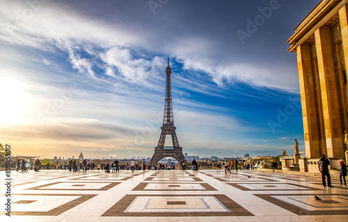 PARIS, FRANCE - MARCH 30, 2024: Eiffel Tower seen from the Jardins du Trocadero in Paris, France. Eiffel Tower is one of the most iconic landmarks of Paris