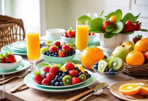 vibrant breakfast spread featuring colorful fruits including oranges cheerful table setting, strawberries, blueberries, bananas, kiwi, plate, fresh, healthy,