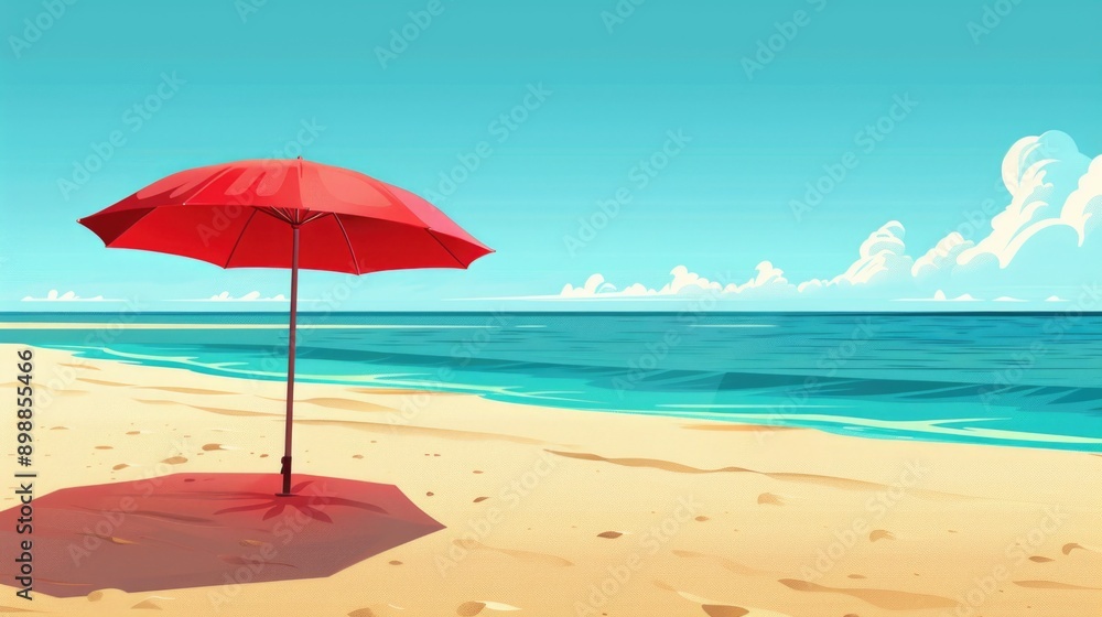 A red umbrella is on a beach with the ocean in the background. Scene is relaxed and peaceful A red umbrella is on a beach with the ocean in the background. Scene is relaxed and peaceful