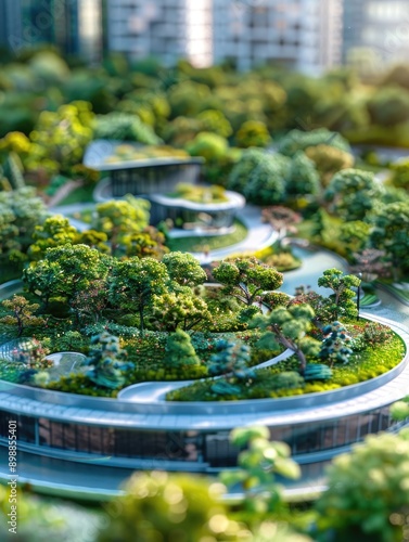 A model of a park with trees and a pond