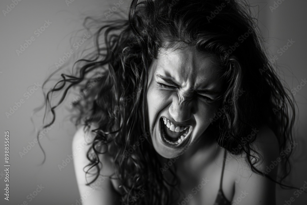 Fototapeta premium A woman with curly hair is screaming. Concept of anger and frustration. The woman's facial expression and body language suggest that she is in a state of intense emotion
