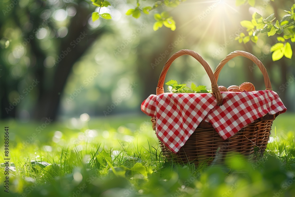 One picnic wicker basket with checkered napkin and blanket on green grass. Space for text One picnic wicker basket with checkered napkin and blanket on green grass. Space for text