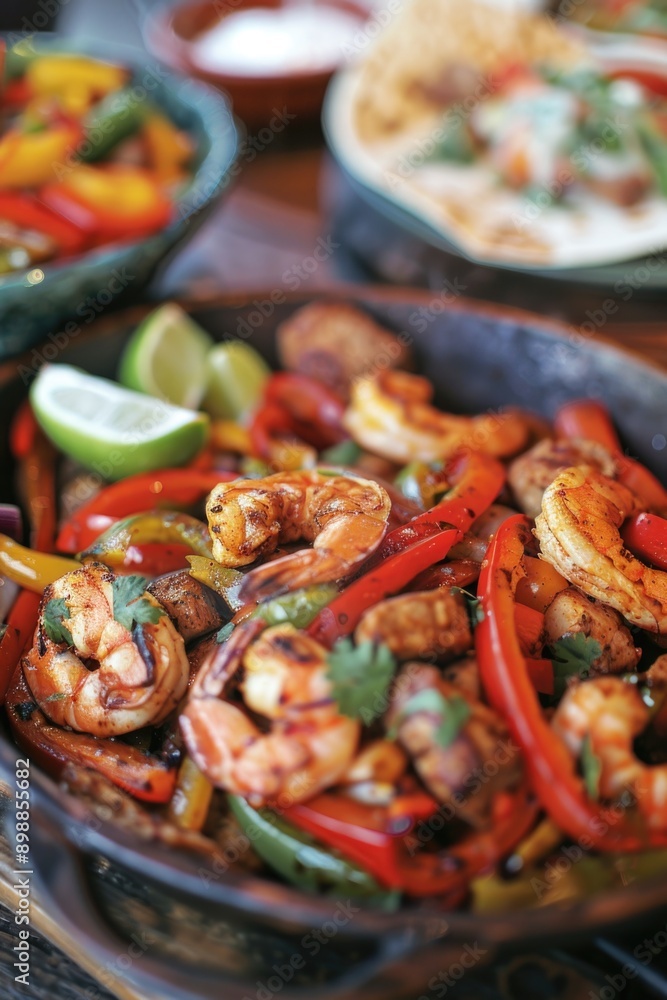 A plate of shrimp and peppers is served in a large bowl. The dish is colorful and appetizing, with the shrimp and peppers arranged in a visually appealing manner. The bowl is placed on a wooden table A plate of shrimp and peppers is served in a large bowl. The dish is colorful and appetizing, with the shrimp and peppers arranged in a visually appealing manner. The bowl is placed on a wooden table