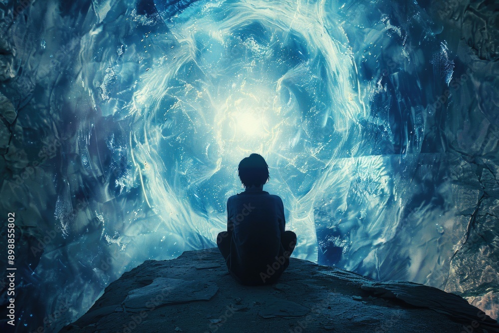 A person is sitting on a rock in front of a blue and white tunnel. The tunnel is surrounded by water and the sky. The person appears to be in a meditative state, looking into the tunnel A person is sitting on a rock in front of a blue and white tunnel. The tunnel is surrounded by water and the sky. The person appears to be in a meditative state, looking into the tunnel