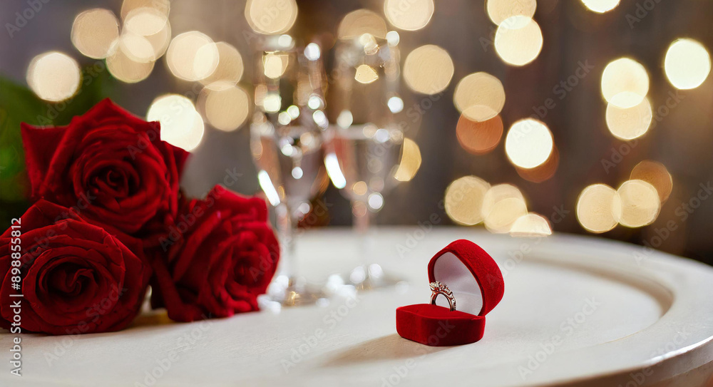 Table with red roses and ring with diamond waiting for couple Table with red roses and ring with diamond waiting for couple