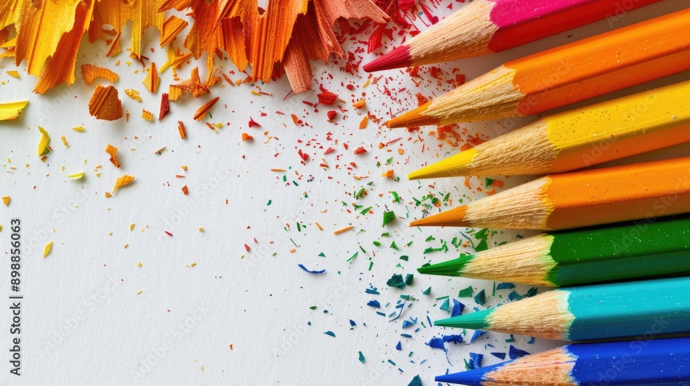 Colored pencils and shavings on white surface with space for text Colored pencils and shavings on white surface with space for text