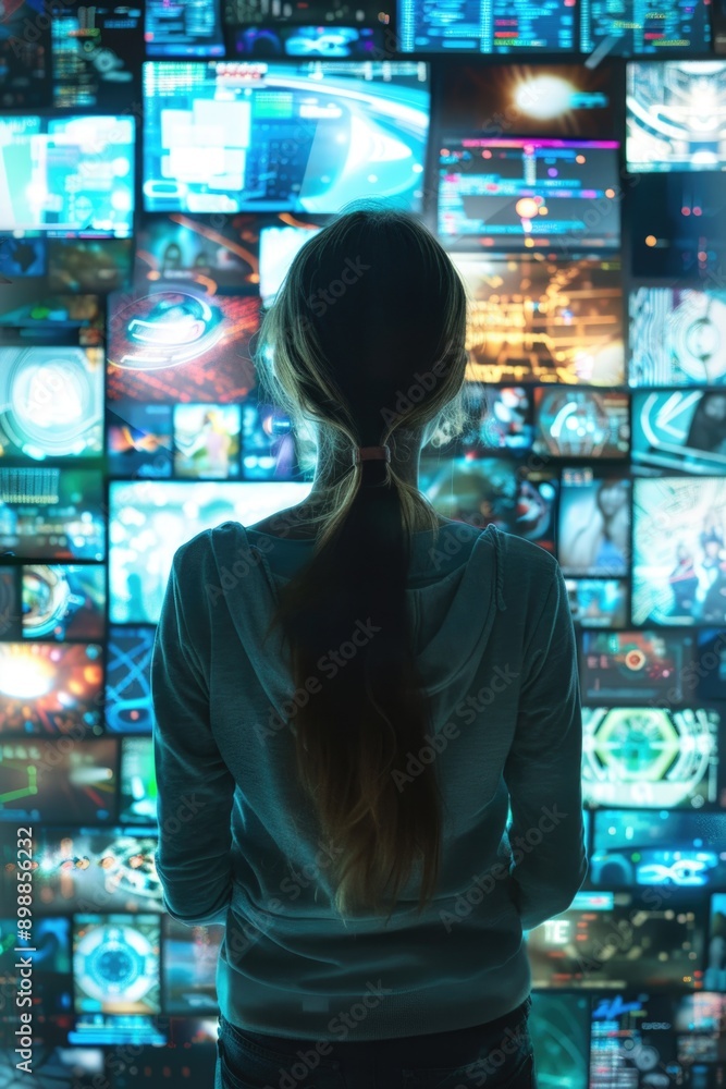 A woman is looking at a computer monitor with many screens. The screens are all different colors and sizes, and they are all displaying different images. The woman is focused on the monitor A woman is looking at a computer monitor with many screens. The screens are all different colors and sizes, and they are all displaying different images. The woman is focused on the monitor