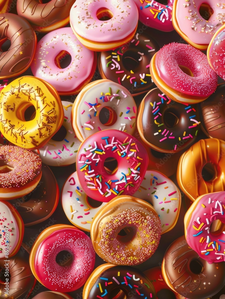 A close up of many different colored donuts with sprinkles on them. Concept of abundance and variety, as there are many different types of donuts to choose from. The sprinkles add a playful A close up of many different colored donuts with sprinkles on them. Concept of abundance and variety, as there are many different types of donuts to choose from. The sprinkles add a playful