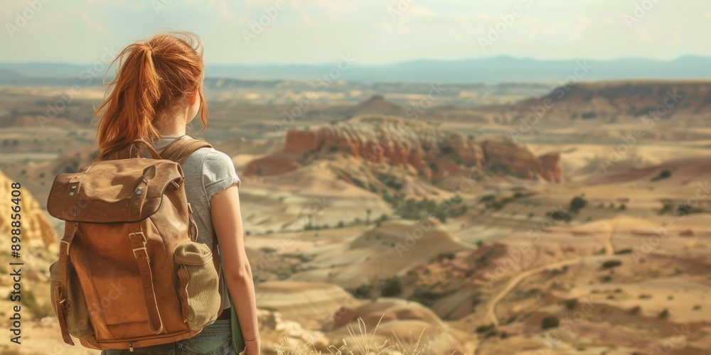 Fototapeta premium A woman with a backpack is standing on a hill overlooking a desert. The scene is peaceful and serene, with the vast expanse of the desert stretching out in front of her