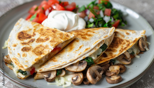 A plate presents a quesadilla stuffed with mushrooms, spinach, cheese, and sour cream