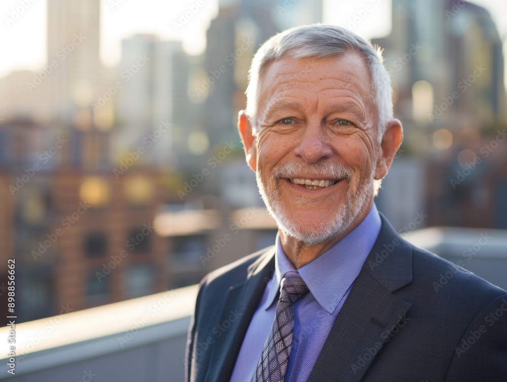 A man in a suit and tie is smiling and looking at the camera. He is standing on a rooftop in a city A man in a suit and tie is smiling and looking at the camera. He is standing on a rooftop in a city