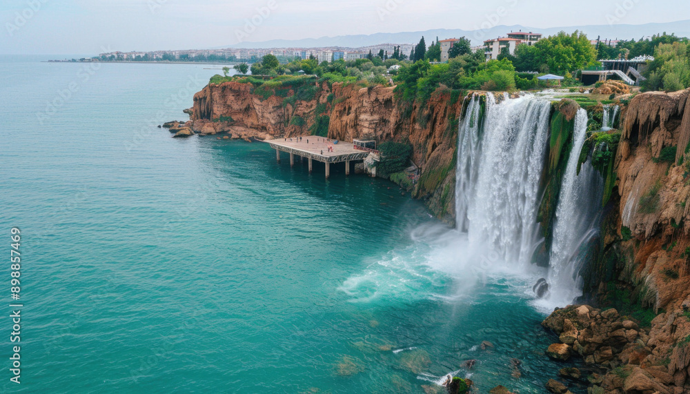 A stunning waterfall stands out in the vast ocean, showcasing its natural beauty A stunning waterfall stands out in the vast ocean, showcasing its natural beauty