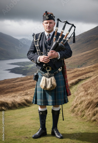  A Scottish bagpiper in traditional Highland dress. 