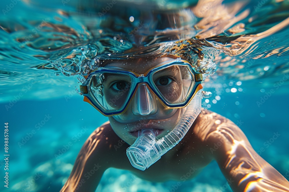 A close-up of a young boy enjoying snorkeling, showcasing the beauty of underwater exploration in a vibrant marine environment. A close-up of a young boy enjoying snorkeling, showcasing the beauty of underwater exploration in a vibrant marine environment.