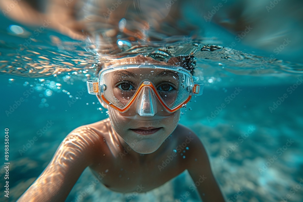 Fototapeta premium A young boy enjoys exploring underwater, showcasing a sense of adventure and curiosity while wearing clear snorkeling goggles in a vibrant marine environment.