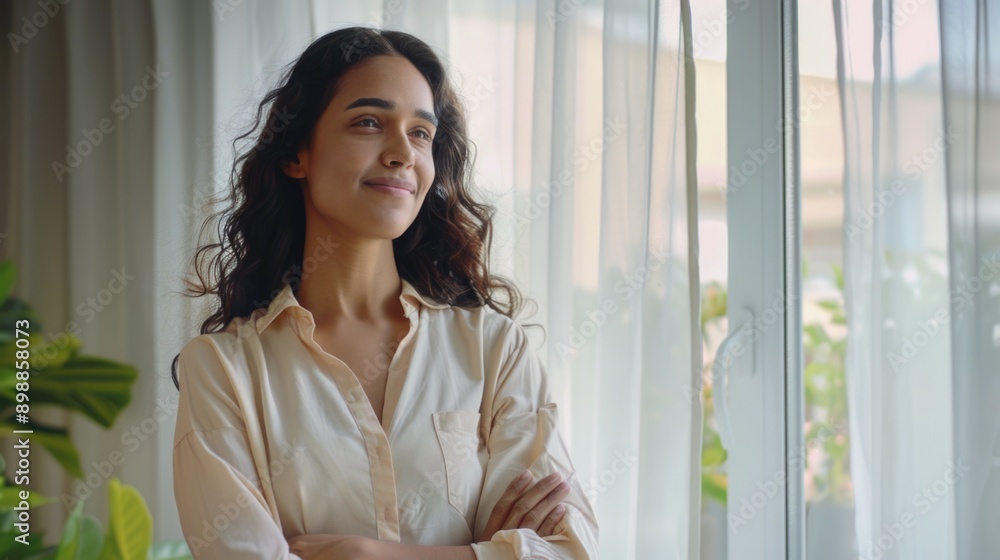 A woman with long hair is standing in front of a window. She is wearing a white shirt and has her arms crossed. Scene is calm and relaxed A woman with long hair is standing in front of a window. She is wearing a white shirt and has her arms crossed. Scene is calm and relaxed